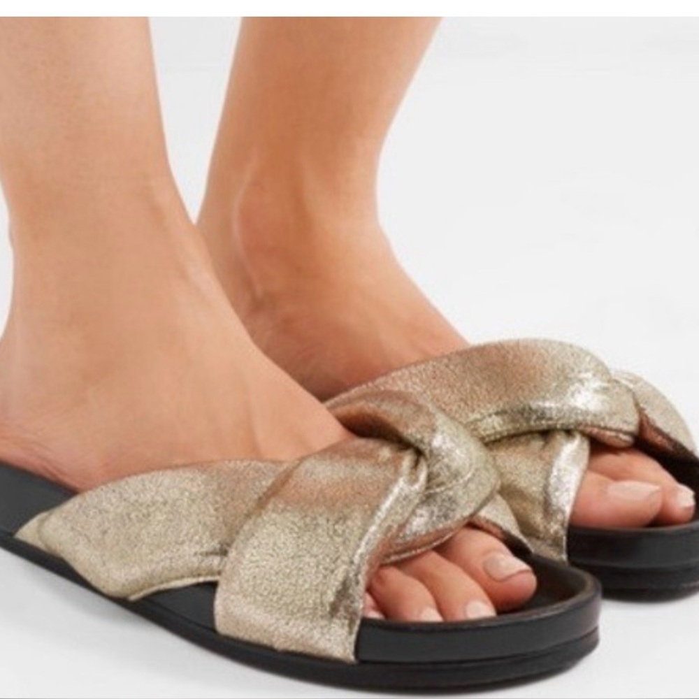 Chloe Nolan Metallic Golden Crackled Leather Crisscross Slides